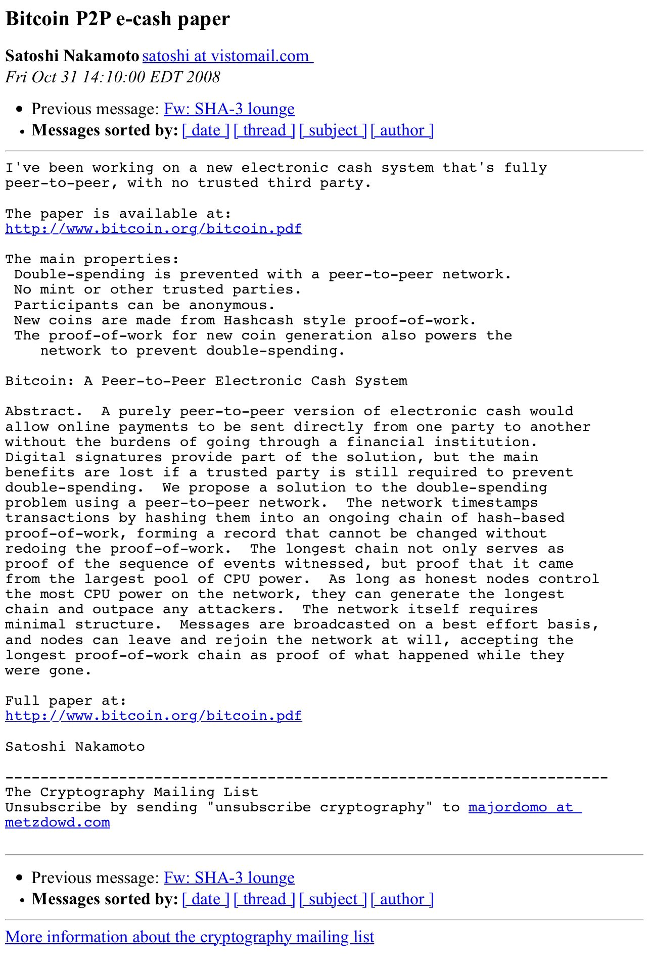 E mailul lui Satoshi care anuna ali cypherpunk despre lansarea lui Bitcoin Whitepaper